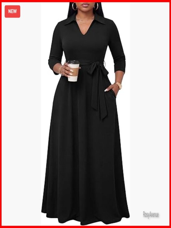 Dresses & Skirts - Maxi Dress V Neck 3/4 Sleeve Fit & Flare Semi Formal Casual
